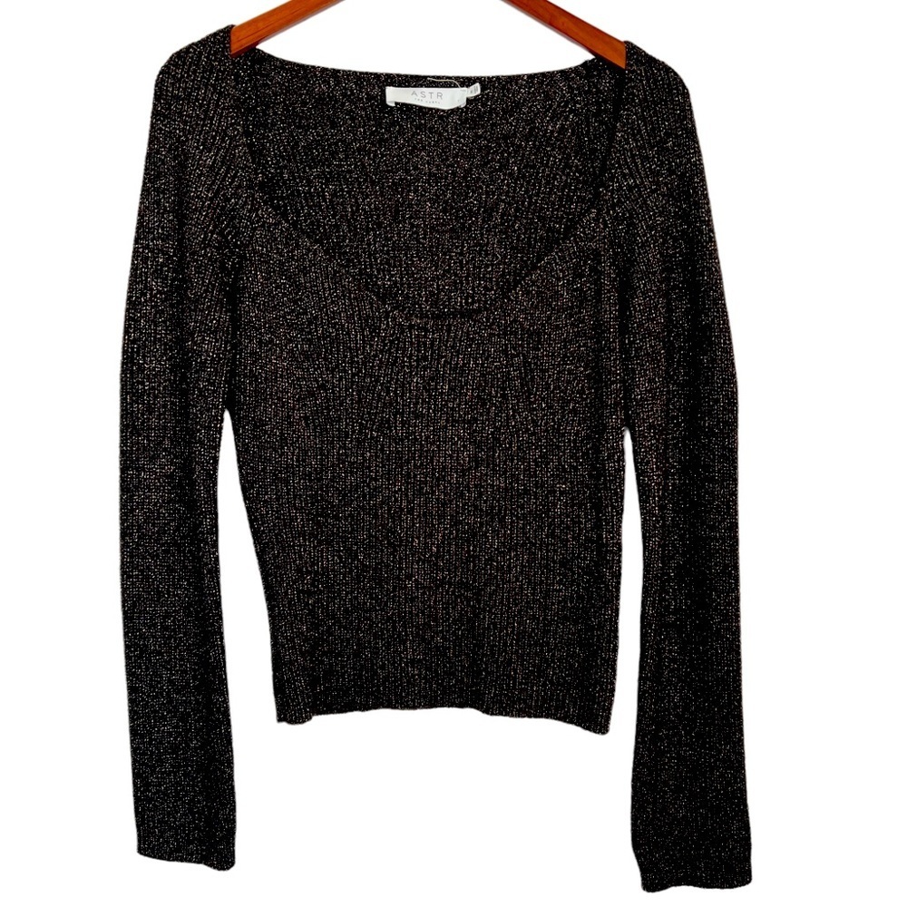 ASTR The Label Black Gold Square Neck Metallic Sweater